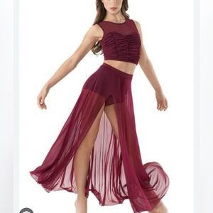 Burgundy Mesh two piece crop top and long skirt dance leotard